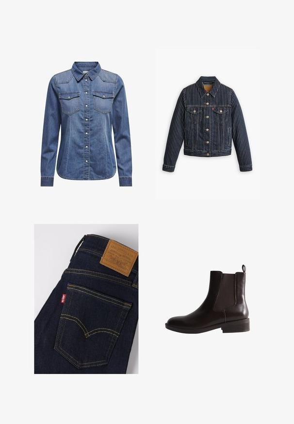 Blauwe denimjack met witte verticale strepen, knoopsluiting aan de voorkant, twee borstzakken en een kraag. Stiksels zichtbaar langs de naden.; Donkerblauw denim shirt met een kraag, lange mouwen, dubbele borstzakken en contrasterende stiksels.; Donkerblauwe Levi's jeans met gele stiksels, achterzak toont rood Levi's label en bruin leren merkpatch op de tailleband.; Donkerbruine lederen enkellaars met elastisch zijpaneel, lage gestapelde hak en trekhaak aan de achterkant.