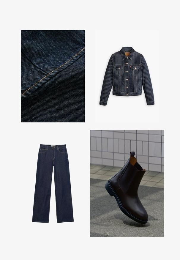 Veste en denim bleu avec des rayures verticales blanches, fermé par des boutons, deux poches poitrine et un col. Couture visible le long des coutures.; Tissu en denim bleu foncé avec une texture verticale subtile, présentant des coutures orange le long de la couture pour souligner.; Jean en denim bleu foncé avec des jambes larges et droites, poches avant et fermeture par bouton et fermeture éclair.; Botte Chelsea en cuir marron foncé avec languette de fixation et panneaux latéraux élastiques, placée sur un pavé gris avec un mur carrelé en arrière-plan.
