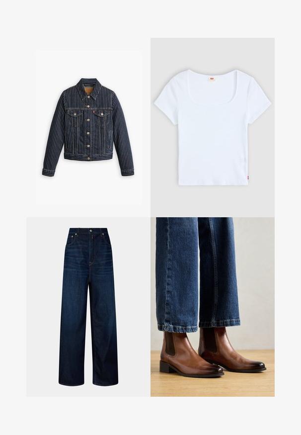 Blauwe denimjack met witte verticale strepen, knoopsluiting aan de voorkant, twee borstzakken en een kraag. Stiksels zichtbaar langs de naden.; Witte korte mouwtop met een vierkante halslijn, gemaakt van ribbelstructuur stof. Heeft een klein rood logo etiket aan de onderkant aan de linkerkant.; Hoge taille donkerblauwe wijdvallende jeans met voorzakken, knoop- en ritssluiting, weergegeven tegen een effen achtergrond.; Bruine leren enkellaarsjes met elastische zijpanelen, vierkante neus en lage blokhak, gedragen met blauwe jeans. Hardhouten vloer eronder.