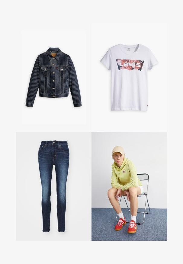 Blaue Jeansjacke mit weißen vertikalen Streifen, Knopfverschluss, zwei Brusttaschen und einem Kragen. Nähte sichtbar entlang der Säume.; Weißes Baumwoll-T-Shirt mit einem Grafikdesign in Pink und Blau, das das "Levi's"-Logo innerhalb einer Fledermausform zeigt. Klassischer Rundhalsausschnitt, kurze Ärmel.; Dunkelblaue Skinny-Jeans mit mittelhohem Bund, mit einem verblassten Muster, fünf Taschen sowie metallischem Knopf- und Reißverschluss.; Helle grüne Kapuzenjacke mit Logo, weiße Shorts, rote Sneakers mit weißen Streifen, sitzend auf einem verchromten Klappstuhl vor einem neutralen Hintergrund.