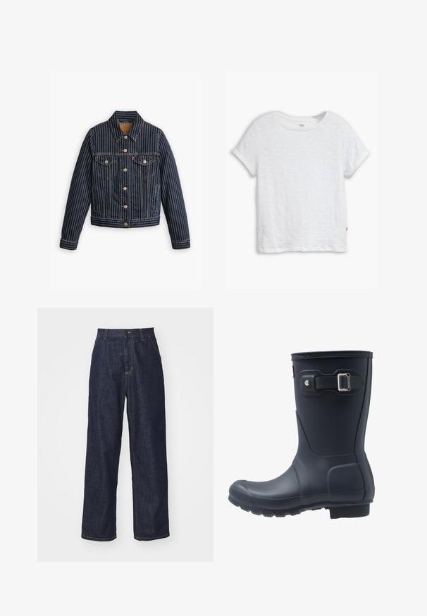 Veste en denim bleu avec des rayures verticales blanches, fermé par des boutons, deux poches poitrine et un col. Couture visible le long des coutures.; T-shirt blanc à manches courtes en coton léger, avec un col rond, une coupe légèrement boxy et une petite étiquette de logo rouge au bas.; Jeans en denim droit bleu foncé avec passants de ceinture, bouton avant et poches latérales sur fond blanc.; Botte de pluie en caoutchouc noir avec un embout arrondi, une semelle texturée et un détail de sangle ajustable. Surface lisse avec une finition mate.