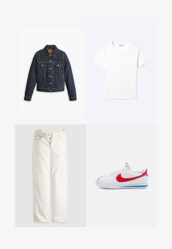 Blaue Jeansjacke mit weißen vertikalen Streifen, Knopfverschluss, zwei Brusttaschen und einem Kragen. Nähte sichtbar entlang der Säume.; Einfaches weißes T-Shirt mit kurzen Ärmeln und Rundhalsausschnitt sowie kleinem "WEEKDAY"-Etikett im Nacken, flach auf einem hellen Hintergrund präsentiert.; Weiße, hoch taillierte Jeans mit geradem Bein, Knopfleiste, Vorder- und Gesäßtaschen sowie sichtbaren Kupfernieten an den Taschenecken.; Weißer Sneaker mit rotem Swoosh, blauen Akzenten an der Sohle und weißen Schnürsenkeln. Strukturierte Oberseite mit gestickten Details. Klassisches Design.