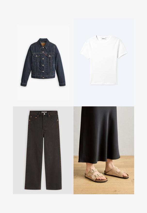 Blå denimjakke med hvide lodrette striber, knapfront, to brystlommer og en krave. Syninger synlige langs sømmene.; Ensfarvet hvid t-shirt med korte ærmer og rund halsudskæring med en lille "WEEKDAY" label indeni halskanten, vist fladt på en lys baggrund.; Sorte straight-leg denim jeans med fem lommer og kobber nitter, vist fladt på en lysegrå baggrund.; Lysbrune ruskindsandaler med to justerbare spænder, korkfodbed og gummisål, parret med en sort gulvlængde nederdel.