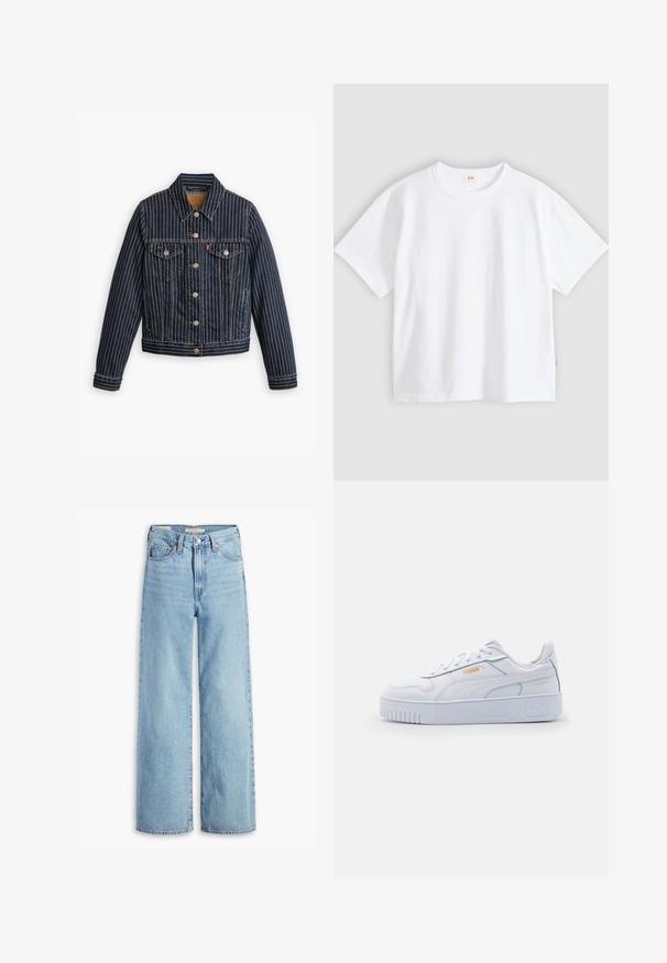 Blaue Jeansjacke mit weißen vertikalen Streifen, Knopfverschluss, zwei Brusttaschen und einem Kragen. Nähte sichtbar entlang der Säume.; Weißes Baumwoll-T-Shirt mit kurzen Ärmeln, rundem Ausschnitt, lockerer Passform, glatter Textur und einem kleinen Logetikett an der linken Seitennaht.; Hochgeschnittene, hellblaue Schlagjeans mit Frontknopf und Reißverschluss, Gürtelschlaufen und fünf Taschen.; Weiße Leder-Sneaker mit einer klobigen Sohle, die über eine glatte Textur, ein minimalistisches Design, Seitenstreifen und ein kleines Logo-Detail verfügen.
