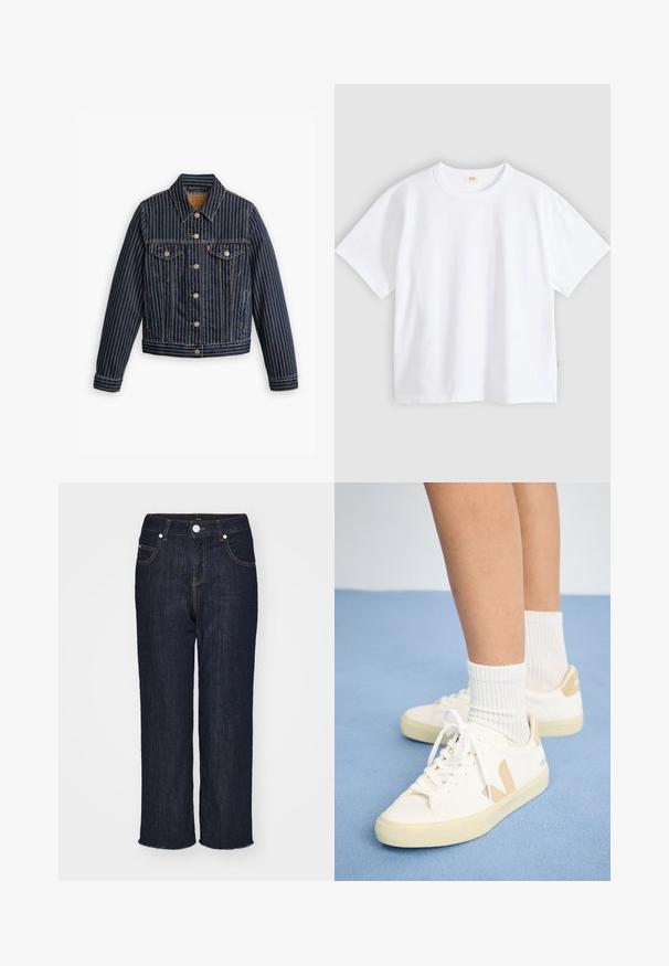 Veste en denim bleu avec des rayures verticales blanches, fermé par des boutons, deux poches poitrine et un col. Couture visible le long des coutures.; T-shirt en coton blanc à manches courtes, col rond, coupe décontractée, texture lisse, avec une petite étiquette logo sur la couture latérale gauche.; Jean en denim bleu foncé avec une coupe droite, cinq poches et un ourlet brut. Présente des coutures contrastées et un bouton métallique de fermeture.; Baskets blanches avec des accents beige, bout rond et lacets blancs. Portées avec des chaussettes blanches côtelées, sur un fond bleu clair.