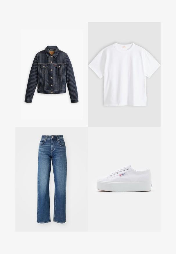 Veste en denim bleu avec des rayures verticales blanches, fermé par des boutons, deux poches poitrine et un col. Couture visible le long des coutures.; T-shirt en coton blanc à manches courtes, col rond, coupe décontractée, texture lisse, avec une petite étiquette logo sur la couture latérale gauche.; Jeans taille haute, à jambe large en denim bleu. Comprend cinq poches, une fermeture à bouton et un dégradé subtil sur le tissu.; Baskets en toile blanches avec une épaisse semelle plateforme blanche, bout rond et œillets en métal pour les lacets. Logo de la marque affiché sur le côté.