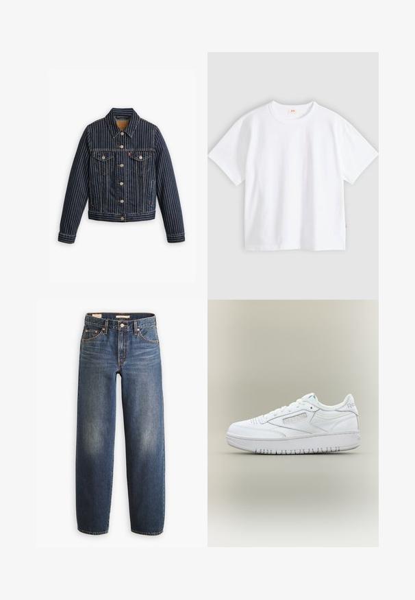 Veste en denim bleu avec des rayures verticales blanches, fermé par des boutons, deux poches poitrine et un col. Couture visible le long des coutures.; T-shirt en coton blanc à manches courtes, col rond, coupe décontractée, texture lisse, avec une petite étiquette logo sur la couture latérale gauche.; Jean en denim bleu foncé avec une coupe droite, doté de cinq poches, de rivets en cuivre et d'un léger délavage sur les cuisses.; Baskets basses blanches Reebok avec fermeture à lacets, bout perforé, panneau latéral marqué et semelle épaisse sur fond neutre.