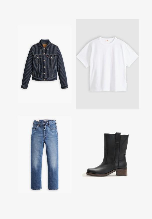 Blauwe denimjack met witte verticale strepen, knoopsluiting aan de voorkant, twee borstzakken en een kraag. Stiksels zichtbaar langs de naden.; Wit katoenen t-shirt met korte mouwen, ronde hals, losse pasvorm, gladde textuur en een klein logolabel aan de linker zijnnaad.; Blauwe denim jeans met een hoge taille, rechte pijpen en vervaagde delen. Voorzien van voorzakken en metalen details.; Zwarte leren laars tot halverwege de kuit met een afgeronde neus, trekband en een bruin gestapelde blokhak op een witte achtergrond.