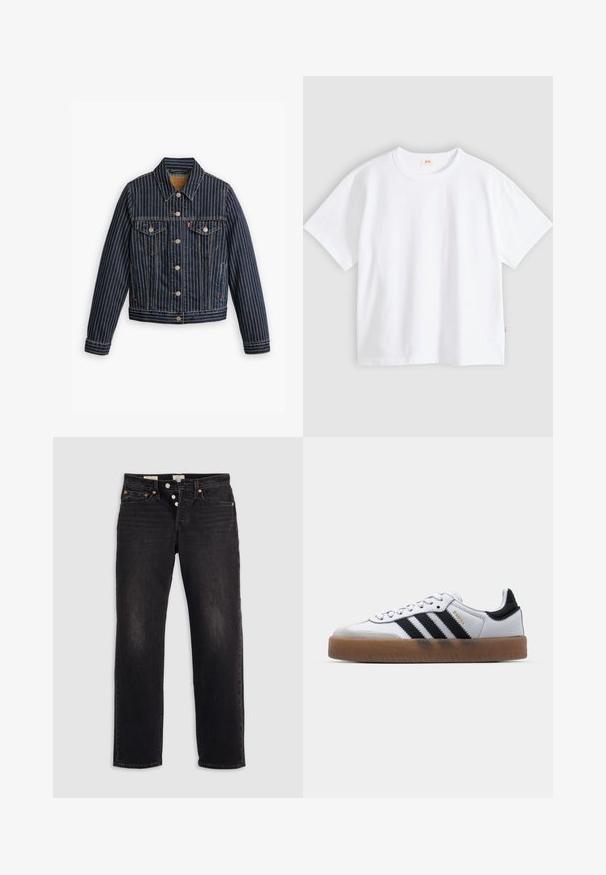 Blaue Jeansjacke mit weißen vertikalen Streifen, Knopfverschluss, zwei Brusttaschen und einem Kragen. Nähte sichtbar entlang der Säume.; Weißes Baumwoll-T-Shirt mit kurzen Ärmeln, rundem Ausschnitt, lockerer Passform, glatter Textur und einem kleinen Logetikett an der linken Seitennaht.; Schwarze Denim-Jeans mit geradem Bein, ausgestattet mit fünf Taschen, Kupfernieten und einem Knopfverschluss. Weiche Textur mit dezenten Verblassungsdetails.; Weiße Leder Sneakers mit schwarzen Streifen, Gummigummi-Außensohle, runder Zehenform, Schnürverschluss und weichem grauem Wildleder-Zehenkappe.