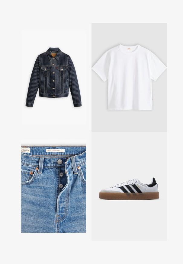 Blauwe denimjack met witte verticale strepen, knoopsluiting aan de voorkant, twee borstzakken en een kraag. Stiksels zichtbaar langs de naden.; Wit katoenen t-shirt met korte mouwen, ronde hals, losse pasvorm, gladde textuur en een klein logolabel aan de linker zijnnaad.; Lichtblauwe spijkerbroek met een rechte enkelafwerking. Bevat vijf zakken, twee metalen knopen en zichtbare oranje stiksels. Labels aanwezig.; Witte leren sneakers met zwarte strepen, gumrubberen buitenzool, ronde neus, vetersluiting en een zachte grijze suède neuskap.