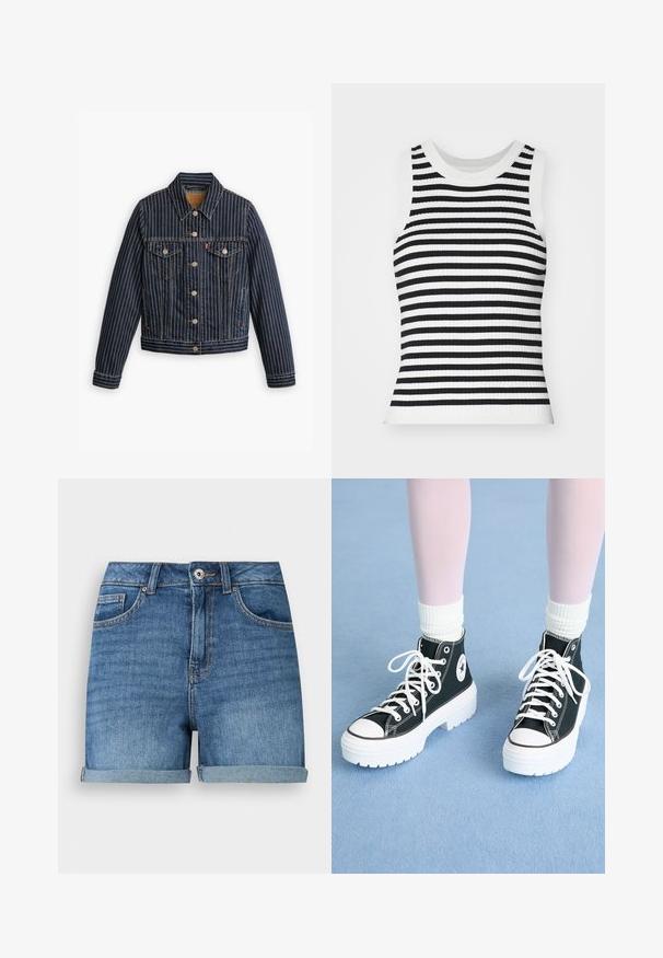 Veste en denim bleu avec des rayures verticales blanches, fermé par des boutons, deux poches poitrine et un col. Couture visible le long des coutures.; Débardeur en tricot côtelé sans manches avec des rayures horizontales noires et blanches, col rond et silhouette ajustée.; Short en jean bleu avec ourlets roulés, fermeture devant par bouton et fermeture éclair, passants de ceinture, poches avant et poche monnaie.; Baskets montantes noires avec semelles et lacets blancs, présentant un logo circulaire sur le côté et des coutures noires contrastantes. Tige en tissu texturé.