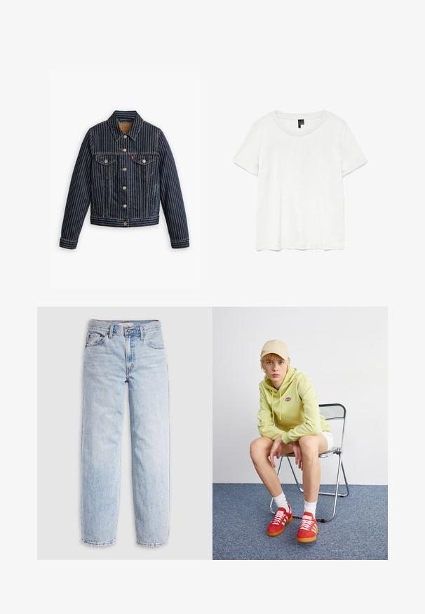 Blauwe denimjack met witte verticale strepen, knoopsluiting aan de voorkant, twee borstzakken en een kraag. Stiksels zichtbaar langs de naden.; Witte t-shirt met korte mouwen en een ronde hals, gemaakt van lichte stof. Eenvoudig ontwerp, gladde textuur en rechte zoom.; Lichtblauwe spijkerbroek met hoge taille, losvallende pasvorm, rechte pijpen en een klassiek ontwerp met vijf zakken. Zichtbare vervaging en stikseldetails.; Lichtgroene hoodie met logo, witte shorts, rode sneakers met witte strepen, zittend op een chroom opvouwstoel tegen een neutrale achtergrond.