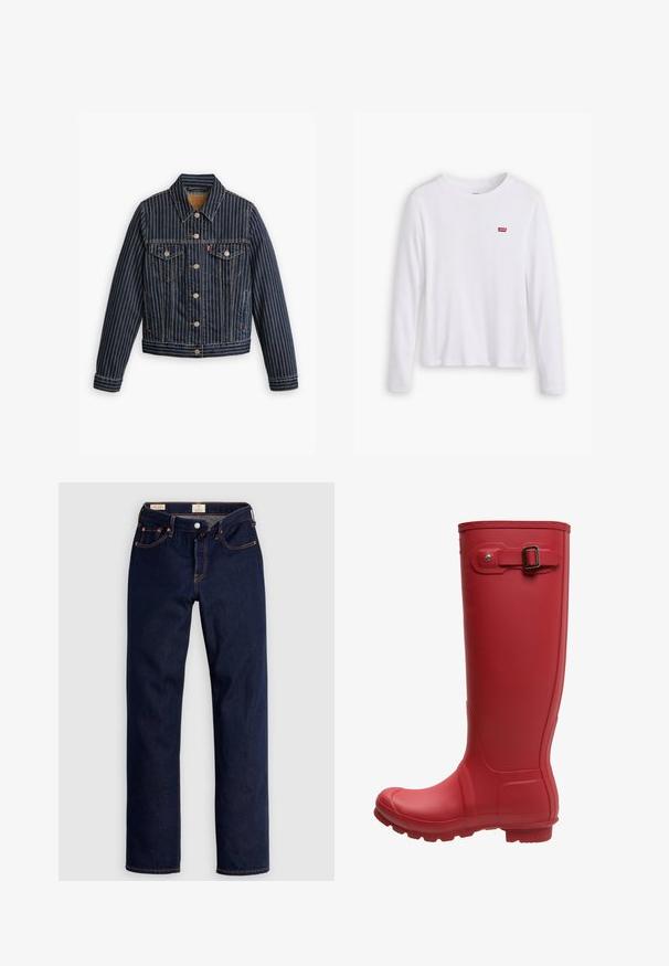 Blå denimjakke med hvide lodrette striber, knapfront, to brystlommer og en krave. Syninger synlige langs sømmene.; Hvid langærmet skjorte lavet af blødt bomuld. Har et lille rødt Levi's logo på venstre bryst. Klassisk crew neck design.; Mørkeblå jeans med lige ben, orange syninger, fem lommer og knaplukning, lagt fladt på en lys baggrund.; Røde gummistøvler med høj skaft, afrundet tå, tekstureret sål og en metallisk spænde-detalje på siden. Glat overflade og fleksibelt design.