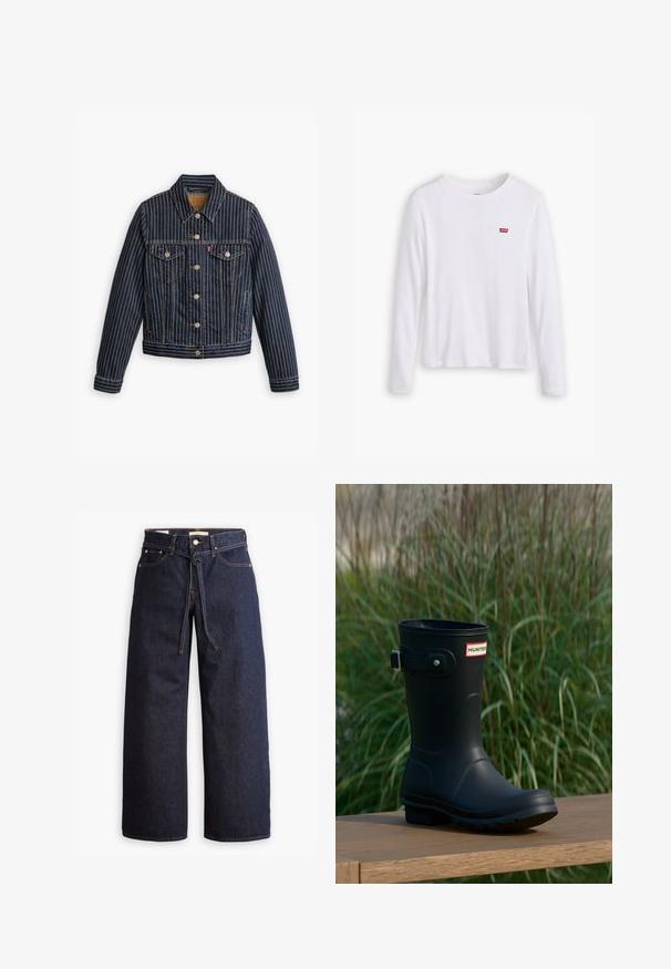 Veste en denim bleu avec des rayures verticales blanches, fermé par des boutons, deux poches poitrine et un col. Couture visible le long des coutures.; Chemise blanche à manches longues en coton doux. Présente un petit logo rouge Levi's sur la poitrine gauche. Design classique à col rond.; Jeans en denim bleu foncé à jambes larges, avec une taille haute, dotés d'un lien à cordon, de cinq poches et de détails de couture contrastants.; Botte de pluie en caoutchouc noir avec une finition brillante, dotée d'une boucle argentée et d'un écusson de logo. La semelle est texturée pour une meilleure adhérence.