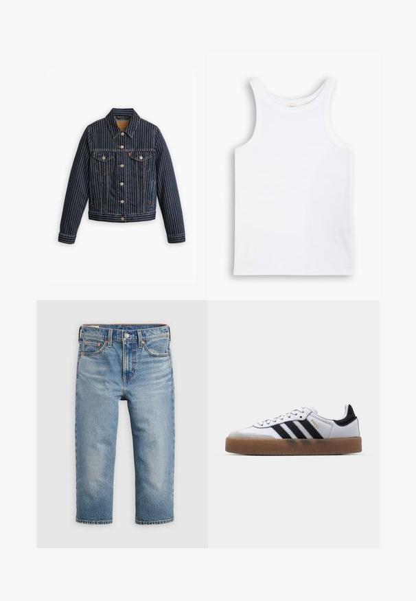 Veste en denim bleu avec des rayures verticales blanches, fermé par des boutons, deux poches poitrine et un col. Couture visible le long des coutures.; Débardeur en coton blanc avec de larges bretelles, un col rond et une texture lisse et côtelée. Aucun motif ni accent présent.; Jean en denim bleu clair à coupe décontractée, longueur raccourcie, cinq poches, et fermeture par bouton en métal. Texture délavée avec des détails de surpiqûres subtils.; Baskets en cuir blanc avec des rayures noires, semelle extérieure en caoutchouc beige, bout rond, fermeture lacée et embout en suède gris doux.