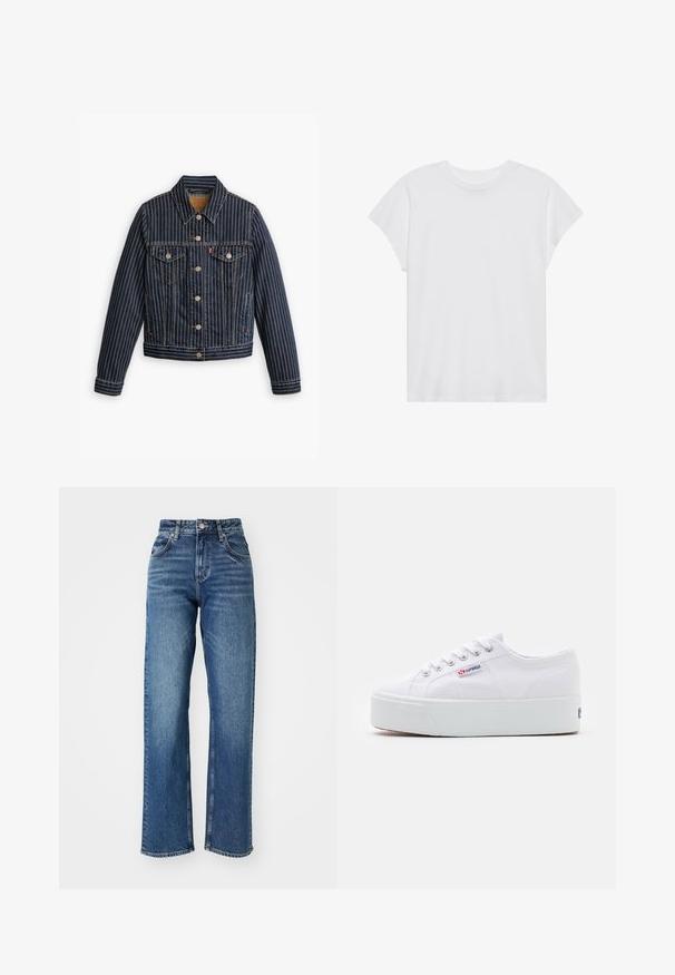Veste en denim bleu avec des rayures verticales blanches, fermé par des boutons, deux poches poitrine et un col. Couture visible le long des coutures.; T-shirt blanc à manches courtes, col rond, coupe décontractée, en tissu de coton doux. Texture lisse, sans motifs ni logos.; Jeans taille haute, à jambe large en denim bleu. Comprend cinq poches, une fermeture à bouton et un dégradé subtil sur le tissu.; Baskets en toile blanches avec une épaisse semelle plateforme blanche, bout rond et œillets en métal pour les lacets. Logo de la marque affiché sur le côté.