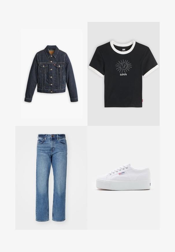 Chaqueta de mezclilla azul con rayas verticales blancas, cierre de botones en la parte delantera, dos bolsillos en el pecho y un cuello. Costuras visibles a lo largo de las costuras.; Camiseta negra de manga corta de Levi's con ribete blanco en el cuello y las mangas, con un gráfico blanco de sol y luna encima del logo de Levi's.; Vaqueros de pierna recta en azul claro, hechos de mezclilla. Cuentan con cinco bolsillos, un cierre clásico con botón y un ligero desgaste en toda la tela.; Zapatilla de lona blanca con una gruesa suela de plataforma blanca, punta redonda y ojales de metal para los cordones. Logotipo de la marca mostrado en el lateral.