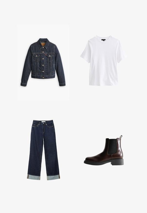 Blaue Jeansjacke mit weißen vertikalen Streifen, Knopfverschluss, zwei Brusttaschen und einem Kragen. Nähte sichtbar entlang der Säume.; Schlichtes weißes T-Shirt mit kurzen Ärmeln und Rundhalsausschnitt mit einem schwarzen Kleidungsetikett innen im Kragen auf weißem Hintergrund.; Dunkelblaue, weit geschnittene Jeans mit hoher Taille, ausgestattet mit aufgerollten Säumen, Kontrastnähten und einem Fünf-Taschen-Design. Hergestellt aus Denim-Stoff.; Braune Leder-Boots mit elastischen Seitenteilen, runder Spitze und einer strukturierten schwarzen Gummisohle. Verfügt über kontrastierende Nähte und eine Ziehlasche.