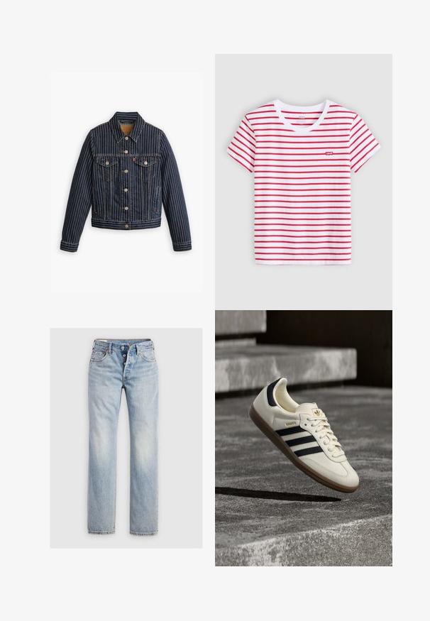Blå denimjakke med hvide lodrette striber, knapfront, to brystlommer og en krave. Syninger synlige langs sømmene.; Rød- og hvidstribet kortærmet t-shirt med rund hals og lille rød Levi's-logo på brystet. Bomuldsstof, afslappet pasform.; Lysblå denim jeans med lige ben, fem-knap lukning og baglommer med diskret stikning.; Hvid Adidas Samba sneaker med sorte striber og gummsål, svævende over teksturerede grå betonstrin.