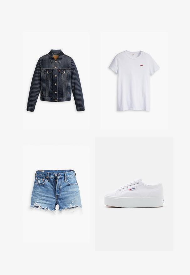 Veste en denim bleu avec des rayures verticales blanches, fermé par des boutons, deux poches poitrine et un col. Couture visible le long des coutures.; T-shirt en coton blanc à manches courtes et col rond. Présente un petit logo rouge Levi's sur la partie gauche de la poitrine.; Shorts en denim bleu clair avec des bords effilochés, taille haute, fermeture à bouton et deux poches avant ; des détails usés ajoutent de la texture.; Baskets en toile blanches avec une épaisse semelle plateforme blanche, bout rond et œillets en métal pour les lacets. Logo de la marque affiché sur le côté.