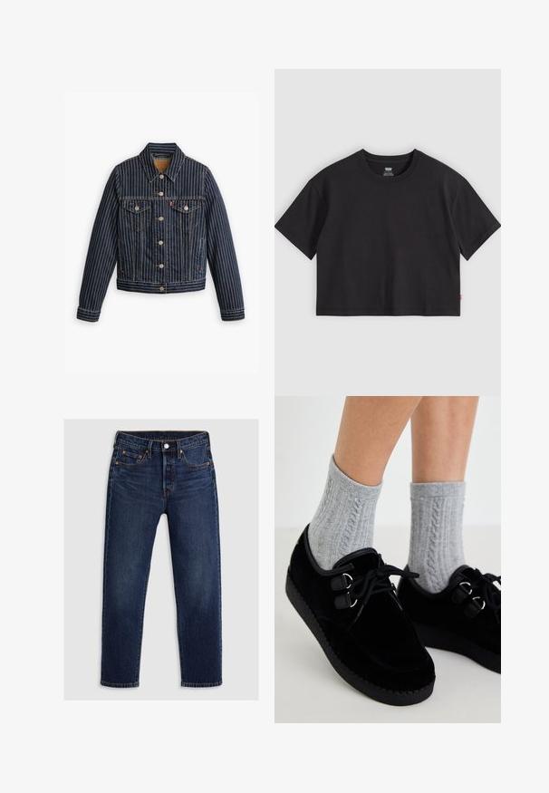 Blaue Jeansjacke mit weißen vertikalen Streifen, Knopfverschluss, zwei Brusttaschen und einem Kragen. Nähte sichtbar entlang der Säume.; Schwarzes, kurzärmeliges T-Shirt mit Rundhalsausschnitt und kleinem roten Levi's-Label an der Seitennaht, flach auf einem hellgrauen Hintergrund liegend.; Dunkelblaue Jeans aus Denim mit geradem Bein-Design. Verfügt über einen Reißverschluss mit Knopfverschluss, fünf Taschen und kontrastierende Nähte.; Schwarze Samt-Schuhe mit flachen Sohlen, runder Zehenform und doppelten Ösen. Getragen mit grauen, grob gestrickten Socken. Glatte Textur und schlichtes Design.