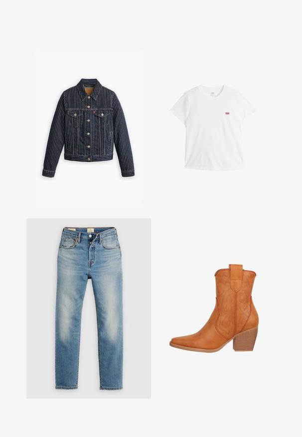 Blå denimjakke med hvide lodrette striber, knapfront, to brystlommer og en krave. Syninger synlige langs sømmene.; Hvid bomuld T-shirt med korte ærmer og rund hals. Har en lille rød Levi's-logo på venstre bryst. Glat tekstur.; Lyseblå denimjeans med lige ben, falmet detaljering, kontrastsyning, fem lommer og knaplukning.; Salinyang SALINYANG - Cowboy- / bikerstøvlette - braun