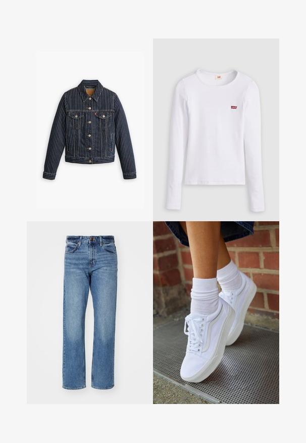 Blauwe denimjack met witte verticale strepen, knoopsluiting aan de voorkant, twee borstzakken en een kraag. Stiksels zichtbaar langs de naden.; Wit Levi's shirt met lange mouwen, ronde hals en klein rood Levi's-logo op de linkerborst, afgebeeld op een effen achtergrond.; Lichtblauwe rechte jeans gemaakt van denim. Bevat vijf zakken, een klassieke knoopsluiting en subtiele fading door de stof.; Witte canvas sneakers met rubberen zolen, voorzien van zes vetertjes, een ronde neus en lichte stikdetails, gecombineerd met witte enkelsokken.