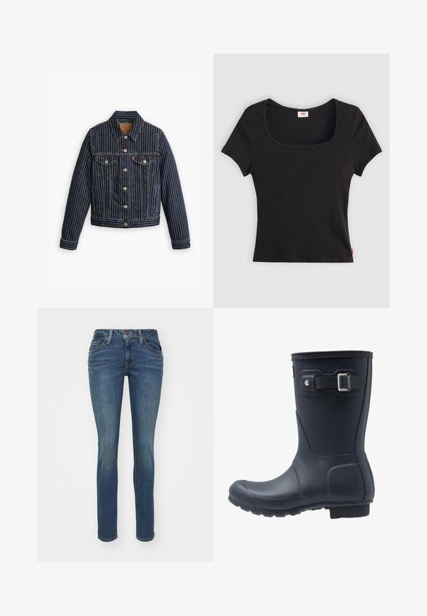 Veste en denim bleu avec des rayures verticales blanches, fermé par des boutons, deux poches poitrine et un col. Couture visible le long des coutures.; Haut noir à manches courtes en tissu côtelé, avec un décolleté carré large et une coupe ajustée, orné d'une petite étiquette logo rouge au bas.; Jeans en denim bleu ajustés avec cinq poches, couture visible et fermeture à glissière. Présentent une texture légèrement délavée pour plus de détails.; Botte de pluie en caoutchouc noir avec un embout arrondi, une semelle texturée et un détail de sangle ajustable. Surface lisse avec une finition mate.