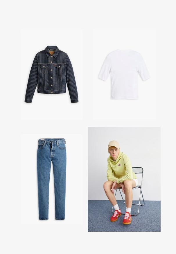 Blauwe denimjack met witte verticale strepen, knoopsluiting aan de voorkant, twee borstzakken en een kraag. Stiksels zichtbaar langs de naden.; Witte katoen t-shirt met korte mouwen, ronde halslijn en een gladde textuur. Geen zichtbare patronen of versieringen.; Lichtblauwe spijkerbroek met een rechte snit, vijf zakken en een standaard knoopsluiting. Heeft oranje stiksels en een licht vervaagde textuur.; Lichtgroene hoodie met logo, witte shorts, rode sneakers met witte strepen, zittend op een chroom opvouwstoel tegen een neutrale achtergrond.