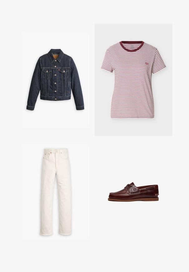 Blå denimjakke med hvide lodrette striber, knapfront, to brystlommer og en krave. Syninger synlige langs sømmene.; Kortærmet T-shirt med rund hals, horisontale hvide og mørkerøde striber samt et lille rødt Levi's-logo på venstre bryst.; Hvide denim jeans med lige ben, fem-lommestil og kobberdetaljer. Rå kantfinish ved anklerne.; Brun læder bådsko med snørre, syningsdetaljer og Timberland-logo på siden, vist på en hvid baggrund.