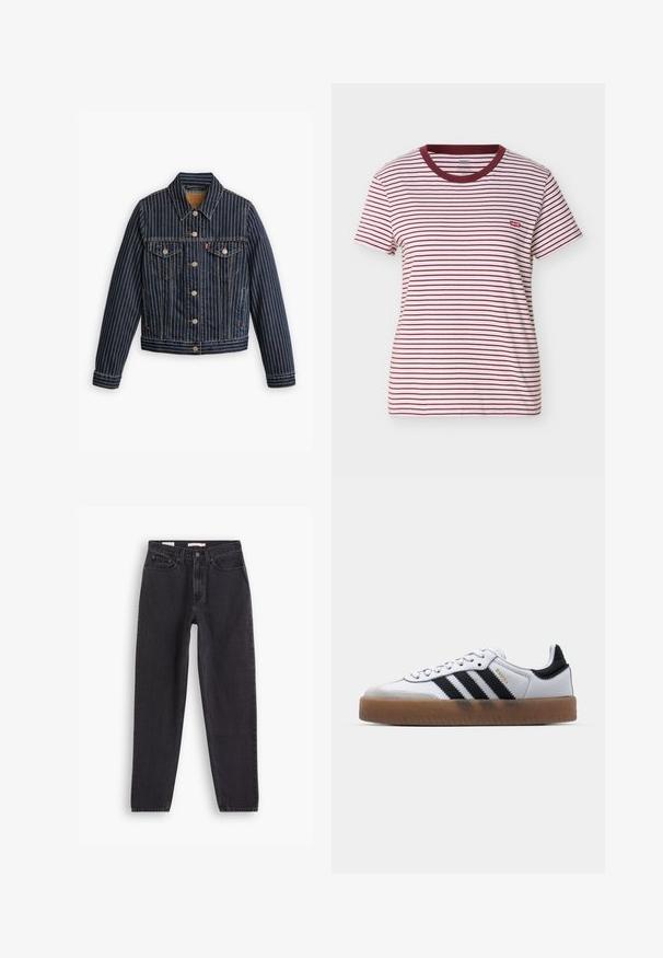 Blauwe denimjack met witte verticale strepen, knoopsluiting aan de voorkant, twee borstzakken en een kraag. Stiksels zichtbaar langs de naden.; T-shirt met korte mouwen en ronde hals, voorzien van horizontale witte en donkerrode strepen en een klein rood Levi's-logo op de linkerborst.; Zwarte denim jeans met een straight-leg ontwerp, voorzien van vijf zakken, sluiting met een knoop aan de voorkant en gestikte details langs de naden.; Witte leren sneakers met zwarte strepen, gumrubberen buitenzool, ronde neus, vetersluiting en een zachte grijze suède neuskap.