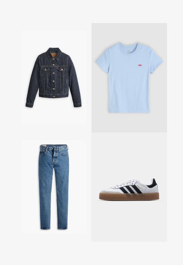Blå denimjakke med hvide lodrette striber, knapfront, to brystlommer og en krave. Syninger synlige langs sømmene.; Lyseblå bomulds t-shirt med rund halsudskæring og korte ærmer. Har et lille rødt Levi's logo patch på venstre bryst.; Lysblå denimjeans med lige pasform, fem lommer og standard knaplukning. Har orange søm og en let falmet tekstur.; Hvide lædersneakers med sorte striber, gummirubber sål, rund tå, snørelukning og blød grå ruskinds tåhætte.