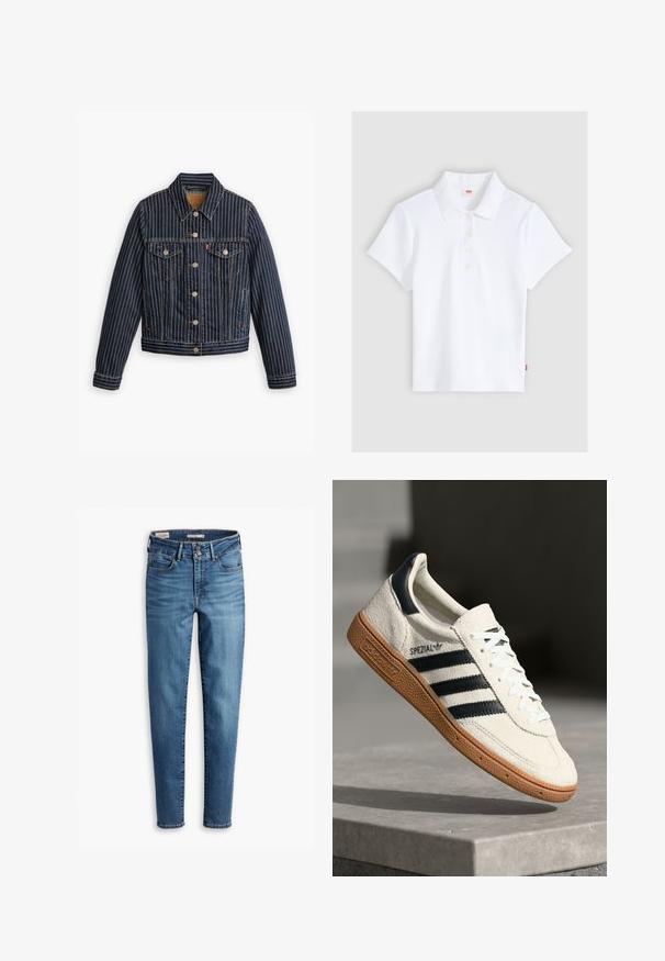Blå denimjakke med hvide lodrette striber, knapfront, to brystlommer og en krave. Syninger synlige langs sømmene.; Hvid kortærmet ribbet poloshirt med krave og fire knapper, lagt fladt ud på en lysegrå baggrund.; Højtaljede, skinny jeans i lyseblå denim. Har fem lommer, frontknaplukning og klassiske syninger overalt.; Hvide ruskinds sneakers med marineblå striber, gummisål, struktureret overdel, rund tå og snøring; har branding på siden og tungen.
