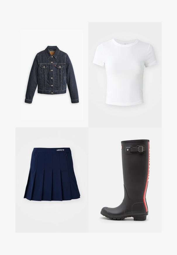 Blauwe denimjack met witte verticale strepen, knoopsluiting aan de voorkant, twee borstzakken en een kraag. Stiksels zichtbaar langs de naden.; Effen witte cropped t-shirt met korte mouwen en ronde hals, weergegeven op een neutrale lichte achtergrond.; Marineblauwe plooienrok van lichtgewicht stof; heeft een elastische tailleband en een klein zipvak, met een wit Adidas-logo op de voorkant.; Zwarte rubberen regenlaars met een getextureerd oppervlak, hoog ontwerp, verticale strepen in rood en wit, verstelbare riem en gespdetail.