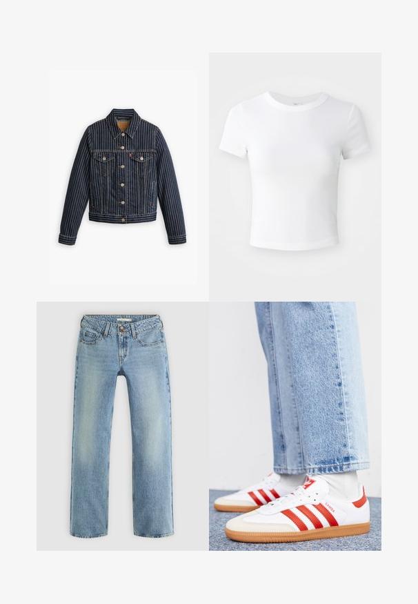 Blaue Jeansjacke mit weißen vertikalen Streifen, Knopfverschluss, zwei Brusttaschen und einem Kragen. Nähte sichtbar entlang der Säume.; Weißes, kurzärmeliges, cropped T-Shirt mit Rundhalsausschnitt, auf einem neutralen, hellen Hintergrund präsentiert.; Hellblaue gerade geschnittene Jeans aus Denim, mit Knopfverschluss, fünf Taschen und subtiler Ausbleichung entlang der Beine.; Weiße Leder Sneaker mit roten Streifen und Akzenten. Verfügt über eine strukturierte Gummi-Laufsohle und einen gepolsterten Schaft. Tragen mit hellblauer Jeans.