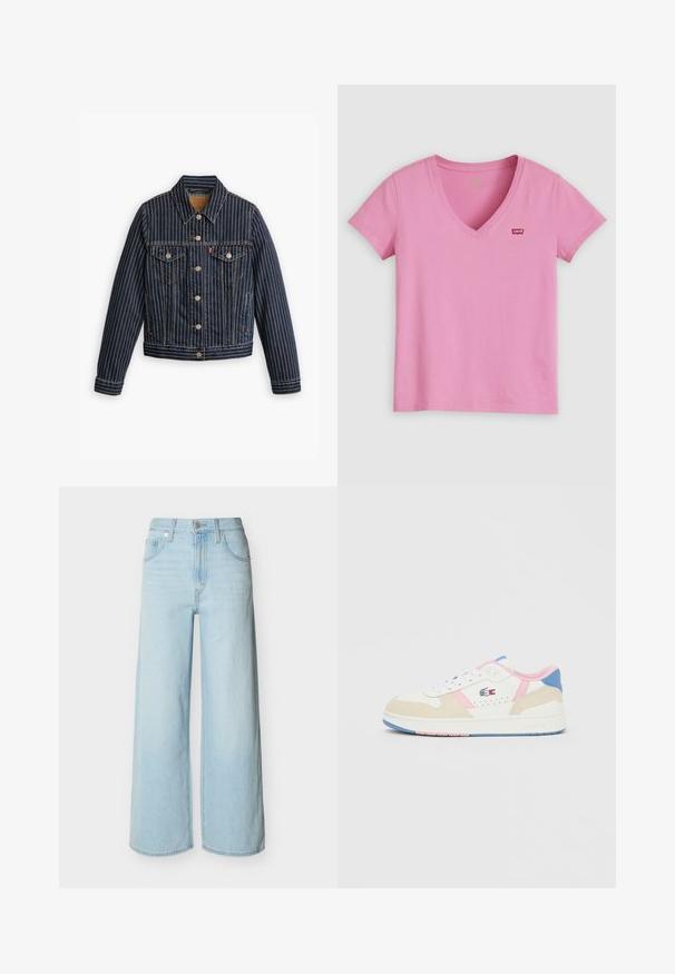 Veste en denim bleu avec des rayures verticales blanches, fermé par des boutons, deux poches poitrine et un col. Couture visible le long des coutures.; T-shirt rose manches courtes à col en V avec petit logo rouge Levi's sur la poitrine gauche, présenté sur un fond clair uni.; Jean bleu clair à jambes larges avec une fermeture avant à boutons et zip, des passants de ceinture, et un design classique à cinq poches.; Baskets Lacoste en cuir blanc et suède beige clair. Caractérisées par des accents roses et bleus, des panneaux texturés et des lacets blancs avec une semelle en caoutchouc.