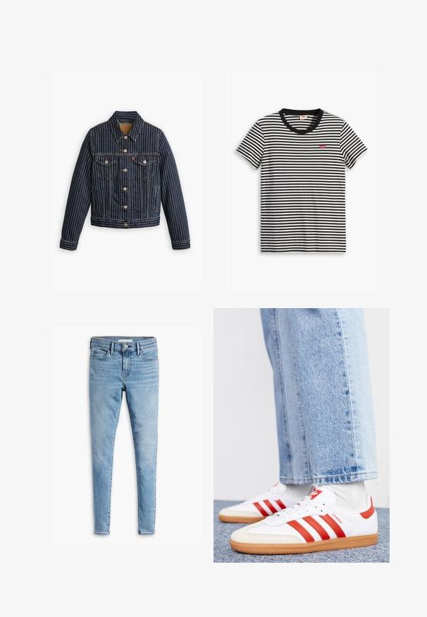 Blaue Jeansjacke mit weißen vertikalen Streifen, Knopfverschluss, zwei Brusttaschen und einem Kragen. Nähte sichtbar entlang der Säume.; Gestreiftes T-Shirt in Schwarz und Weiß aus Baumwolle. Hat einen runden Halsausschnitt und ein kleines rotes Levi's-Logo auf der Brust. Kurze Ärmel.; Hellblaue superenge Jeans mit Knopf- und Reißverschluss vorne, Gürtelschlaufen und Design mit fünf Taschen.; Weiße Leder Sneaker mit roten Streifen und Akzenten. Verfügt über eine strukturierte Gummi-Laufsohle und einen gepolsterten Schaft. Tragen mit hellblauer Jeans.