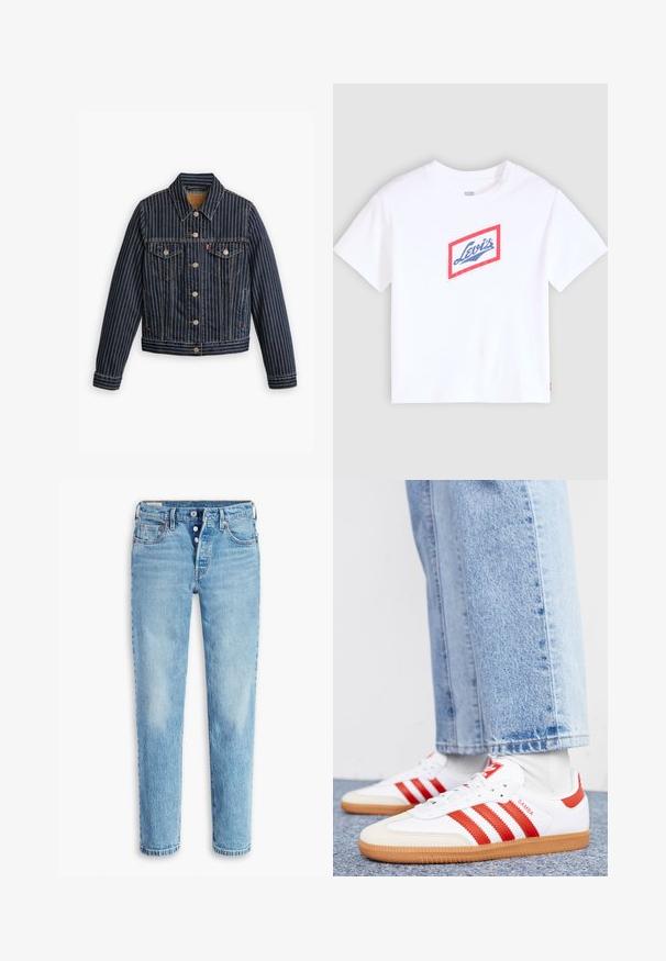 Blå denimjakke med hvide lodrette striber, knapfront, to brystlommer og en krave. Syninger synlige langs sømmene.; Hvid T-shirt med korte ærmer med en rød-afgrænset diamantformet logo og blå "Levi's" tekst centreret på brystet.; Lyseblå denimbukser med lige ben-design, fem lomme-styling og knaplukning. Har slidte områder og kærkomne folder for tekstur.; Hvide lædersneakers med røde striber og accenter. Har en tekstureret gummisål og polstret krave. Bæres med lyseblå denim.