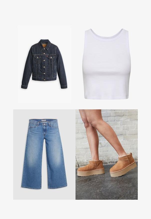 Blå denimjakke med hvide lodrette striber, knapfront, to brystlommer og en krave. Syninger synlige langs sømmene.; Hvid crop-top lavet af ribbet stof, med en rund halsudskæring og ærmeløs design samt en figursyet silhuet. Ingen mønstre eller detaljer.; Lysblå vidde jeans lavet af denim, med høj talje, klassisk fem-lomme design og subtile falmning langs benene.; Brune ruskinds ankelsko med en blød foring, tyk beige plattformsål og en bageste løkke. Tekstureret overflade med synlige sømdetaljer.
