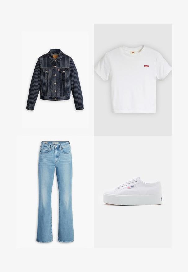 Blauwe denimjack met witte verticale strepen, knoopsluiting aan de voorkant, twee borstzakken en een kraag. Stiksels zichtbaar langs de naden.; Witte T-shirt met korte mouwen en ronde hals met klein rood Levi's-logo op de linkerborst.; Lichtblauwe denim flared jeans met een hoge taille, vijf zakken, subtiele kreukjes en een klassieke gestikte zoom. Soepele textuur, casual ontwerp.; Witte canvas sneaker met een dikke witte platformzool, ronde neus en metalen oogjes voor veters. Merkl logo aan de zijkant weergegeven.