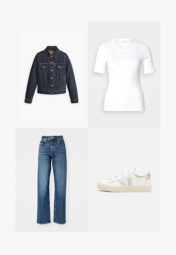 Veste en denim bleu avec des rayures verticales blanches, fermé par des boutons, deux poches poitrine et un col. Couture visible le long des coutures.; T-shirt blanc à manches courtes en coton lisse, doté d'un col rond et d'une coupe ajustée. Design classique, sans motifs ni accents.; Jeans taille haute, à jambe large en denim bleu. Comprend cinq poches, une fermeture à bouton et un dégradé subtil sur le tissu.; Baskets blanches avec des bandes Velcro, accents en daim beige, semelle en caoutchouc texturée et logo V gris. Design minimaliste, forme arrondie.