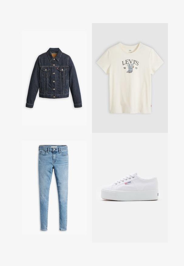 Blå denimjakke med hvide lodrette striber, knapfront, to brystlommer og en krave. Syninger synlige langs sømmene.; Hvid Levi's t-shirt med kortærmet og grafik af blå cowboystøvler samt "LEVI'S 1873" trykt på brystet.; Lyseblå super skinny jeans med frontknap og lynlås, bæltestropper og fem lommers design.; Hvide canvas sneakers med en tyk hvid platformssål, rund tå og metaløjelets til snørebånd. Mærkets logo præsenteret på siden.