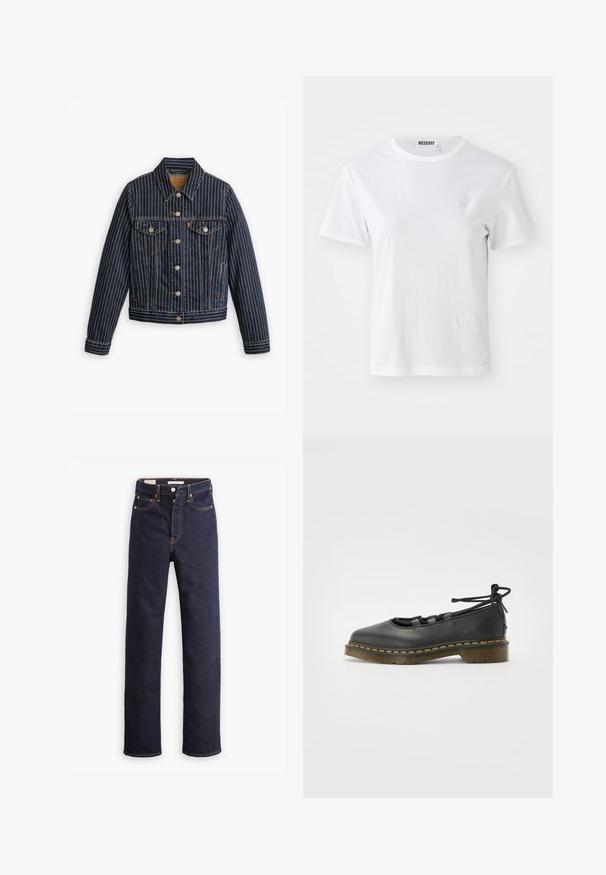Blå denimjakke med hvide lodrette striber, knapfront, to brystlommer og en krave. Syninger synlige langs sømmene.; Hvid T-shirt med korte ærmer lavet af blødt stof. Har en rund halsudskæring og en lige pasform, med en label på den indre krave.; Mørkeblå straight-leg denim jeans med fem lommer og synlig orange syning på hvid baggrund.; Sort lædersko med rund tå, lav hæl, snøre detaljer og gul stitching langs sålen. Glat tekstur med en mat finish.