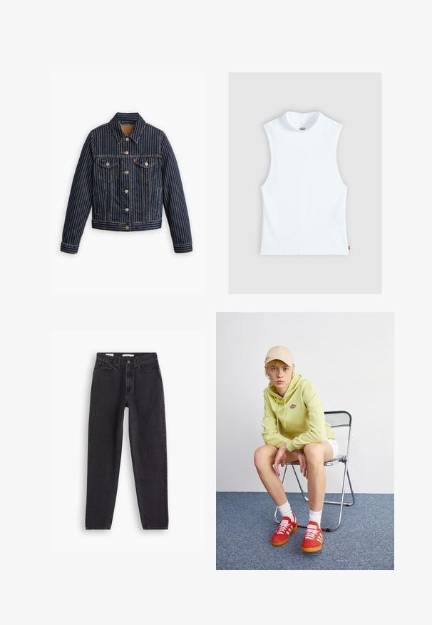 Blauwe denimjack met witte verticale strepen, knoopsluiting aan de voorkant, twee borstzakken en een kraag. Stiksels zichtbaar langs de naden.; Wit mouwloos katoenen top met hoge ronde hals en klein Levi's-label aan de zijkant, weergegeven tegen een lichtgrijze achtergrond.; Zwarte denim jeans met een straight-leg ontwerp, voorzien van vijf zakken, sluiting met een knoop aan de voorkant en gestikte details langs de naden.; Lichtgroene hoodie met logo, witte shorts, rode sneakers met witte strepen, zittend op een chroom opvouwstoel tegen een neutrale achtergrond.