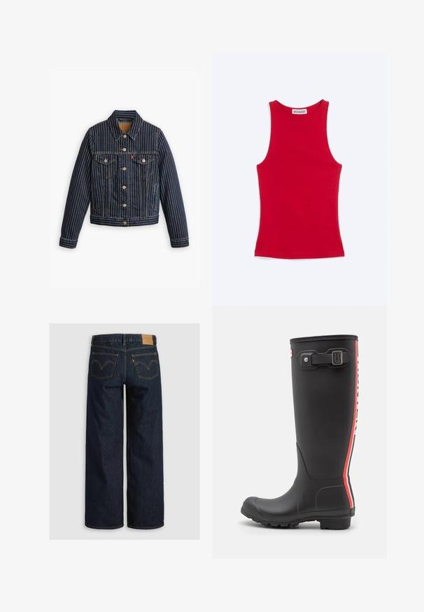 Blauwe denimjack met witte verticale strepen, knoopsluiting aan de voorkant, twee borstzakken en een kraag. Stiksels zichtbaar langs de naden.; Rood nauwsluitend mouwloos hemd met hoge halslijn en Weekday merklabel aan de binnenkant van de kraag, afgebeeld op een lichte achtergrond.; Wijde spijkerbroek in donkerindigo, met een hoge taille, twee achterzakken met gebogen naden en een leren label aan de tailleband.; Zwarte rubberen regenlaars met een getextureerd oppervlak, hoog ontwerp, verticale strepen in rood en wit, verstelbare riem en gespdetail.