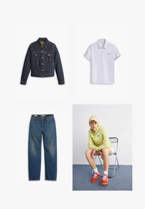 Veste en denim bleu avec des rayures verticales blanches, fermé par des boutons, deux poches poitrine et un col. Couture visible le long des coutures.; Polo shirt blanc en coton, avec un col classique, une patte de boutonnage à trois boutons et un petit logo rouge Levi's sur la poitrine gauche.; Jeans en denim bleu avec une coupe décontractée, featuring une taille haute, des jambes droites, des coutures visibles et un petit accent sur le genou gauche.; Un sweat à capuche vert clair avec logo, un short blanc, des baskets rouges avec rayures blanches, assis sur une chaise pliante en chrome contre un fond neutre.