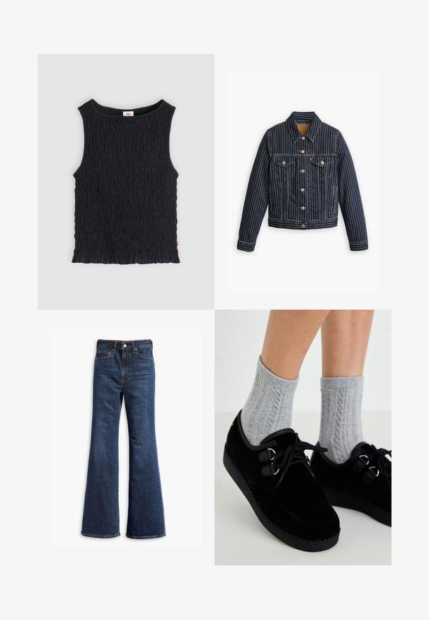 Veste en denim bleu avec des rayures verticales blanches, fermé par des boutons, deux poches poitrine et un col. Couture visible le long des coutures.; Haut noir sans manches avec tissu froncé texturé, encolure ronde et ourlet subtilement volanté.; Jeans en denim bleu foncé taille haute avec jambes évasées, fermeture à boutons et zip à l'avant, et conception à cinq poches.; Chaussures en velours noir avec semelles plates, bout rond et œillets doubles. Portées avec des chaussettes en tricot à torsades grises. Texture lisse et design simple.