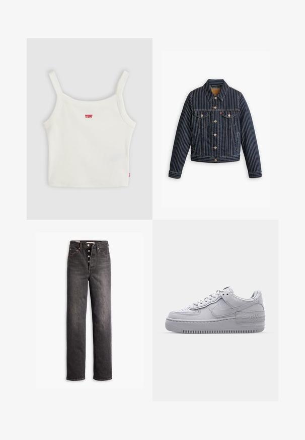 Veste en denim bleu avec des rayures verticales blanches, fermé par des boutons, deux poches poitrine et un col. Couture visible le long des coutures.; Crop top blanc côtelé avec fines bretelles et petit logo Levi's rouge au centre devant et sur la couture latérale.; Jean noir taille haute avec une coupe droite, fabriqué en denim. Il comporte un bouton de fermeture, des accents en cuivre et des coutures contrastées.; Basket en cuir lisse gris Nike Air Force 1 avec un bout perforé, une semelle épaisse et un détail 'AIR' en relief sur le talon.