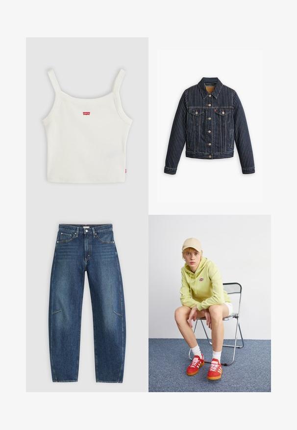 Veste en denim bleu avec des rayures verticales blanches, fermé par des boutons, deux poches poitrine et un col. Couture visible le long des coutures.; Crop top blanc côtelé avec fines bretelles et petit logo Levi's rouge au centre devant et sur la couture latérale.; Jean en denim bleu foncé avec une coupe droite, dotés de poches avant, de surpiqûres contrastées et d'une texture légèrement délavée sur les jambes.; Un sweat à capuche vert clair avec logo, un short blanc, des baskets rouges avec rayures blanches, assis sur une chaise pliante en chrome contre un fond neutre.