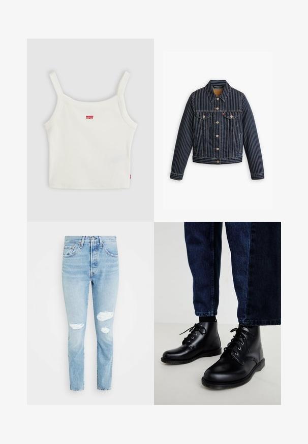 Veste en denim bleu avec des rayures verticales blanches, fermé par des boutons, deux poches poitrine et un col. Couture visible le long des coutures.; Crop top blanc côtelé avec fines bretelles et petit logo Levi's rouge au centre devant et sur la couture latérale.; Jean en denim clair usé avec une taille haute. Les caractéristiques incluent des déchirures au niveau des genoux, une coupe droite et un design classique à cinq poches.; Bottes en cuir noir montant à la cheville, à bout rond, avec un design à lacets, œillets argentés et semelles texturées, portées avec un jean denim bleu foncé.